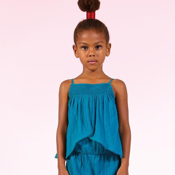 Catimini Jumpsuit in Lagoon-blue Seersucker (Size 4, 6)
