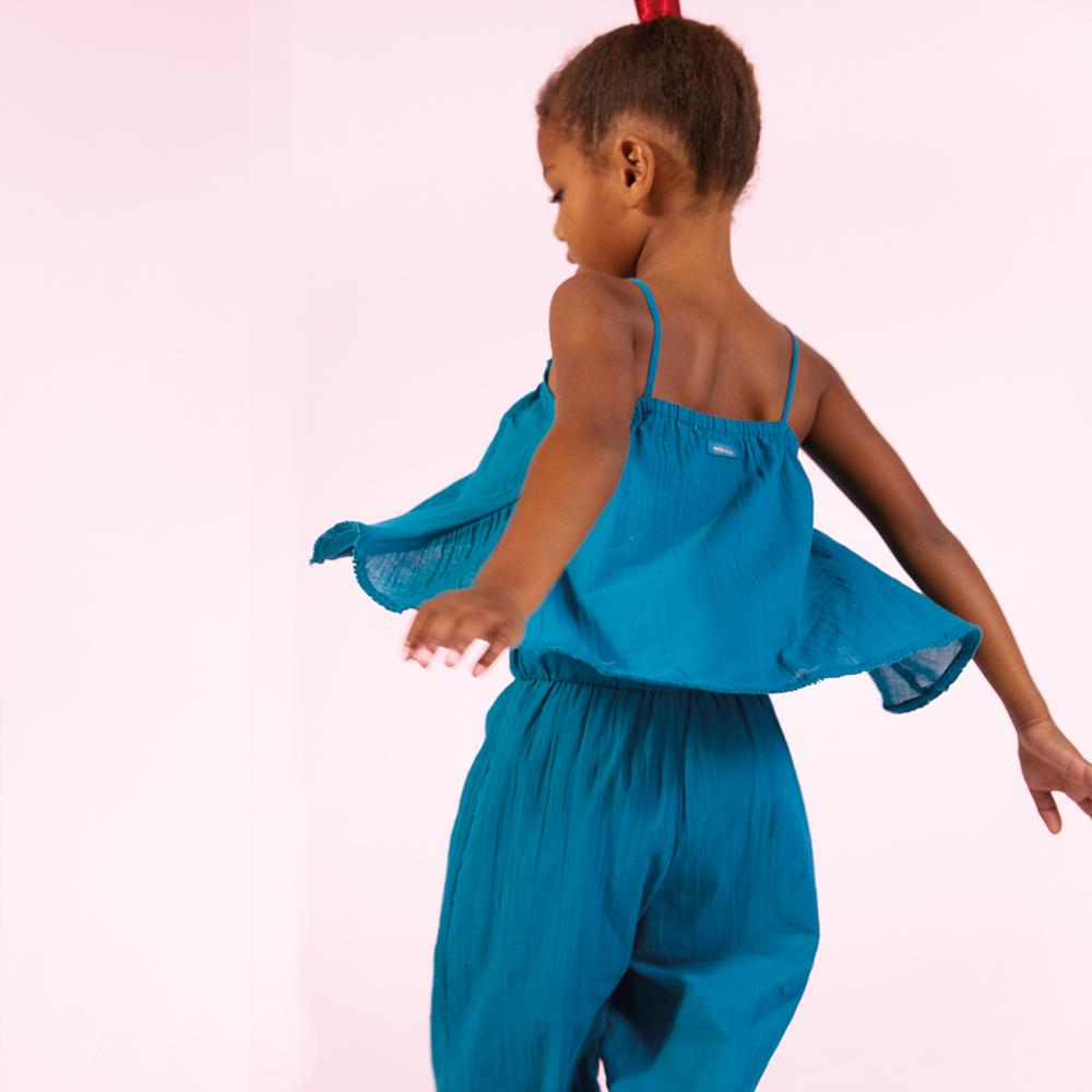 Catimini Jumpsuit in Lagoon-blue Seersucker (Size 4, 6)