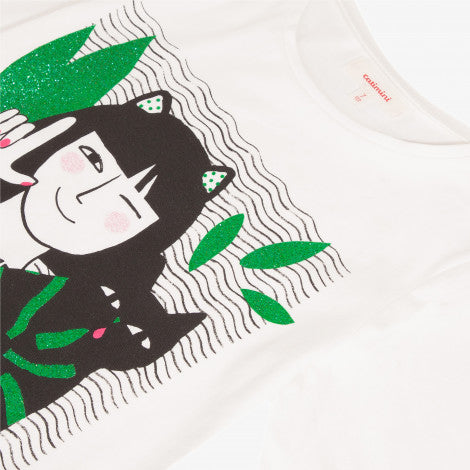 Catimini Girl's T-shirt with Glitter Cat Design (Size 2, 4, 8)