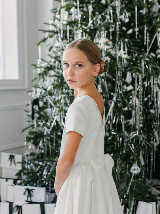 Teter Warm Girl's Communion Off-White Round Neckline Short Sleeve Satin Dress (All Sizes)