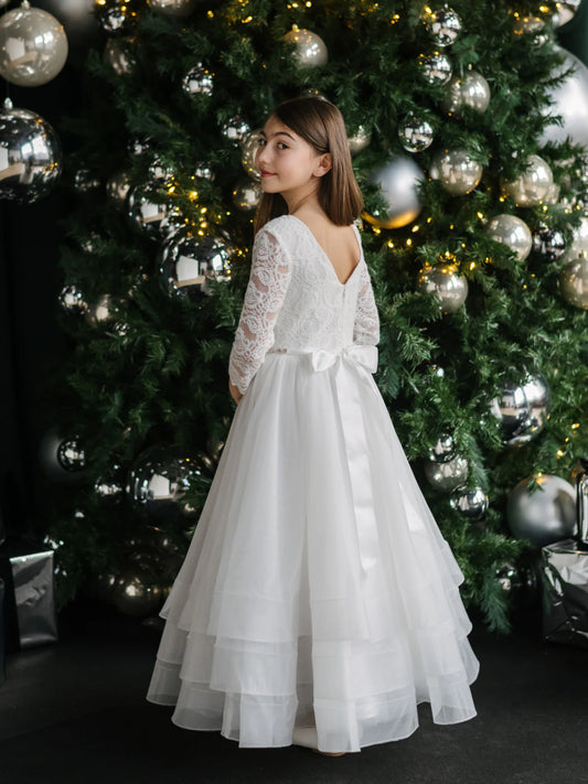 Teter Warm Talula Lace & Tiered Horsehair Communion Dress with 3/4 Sleeves for Girls