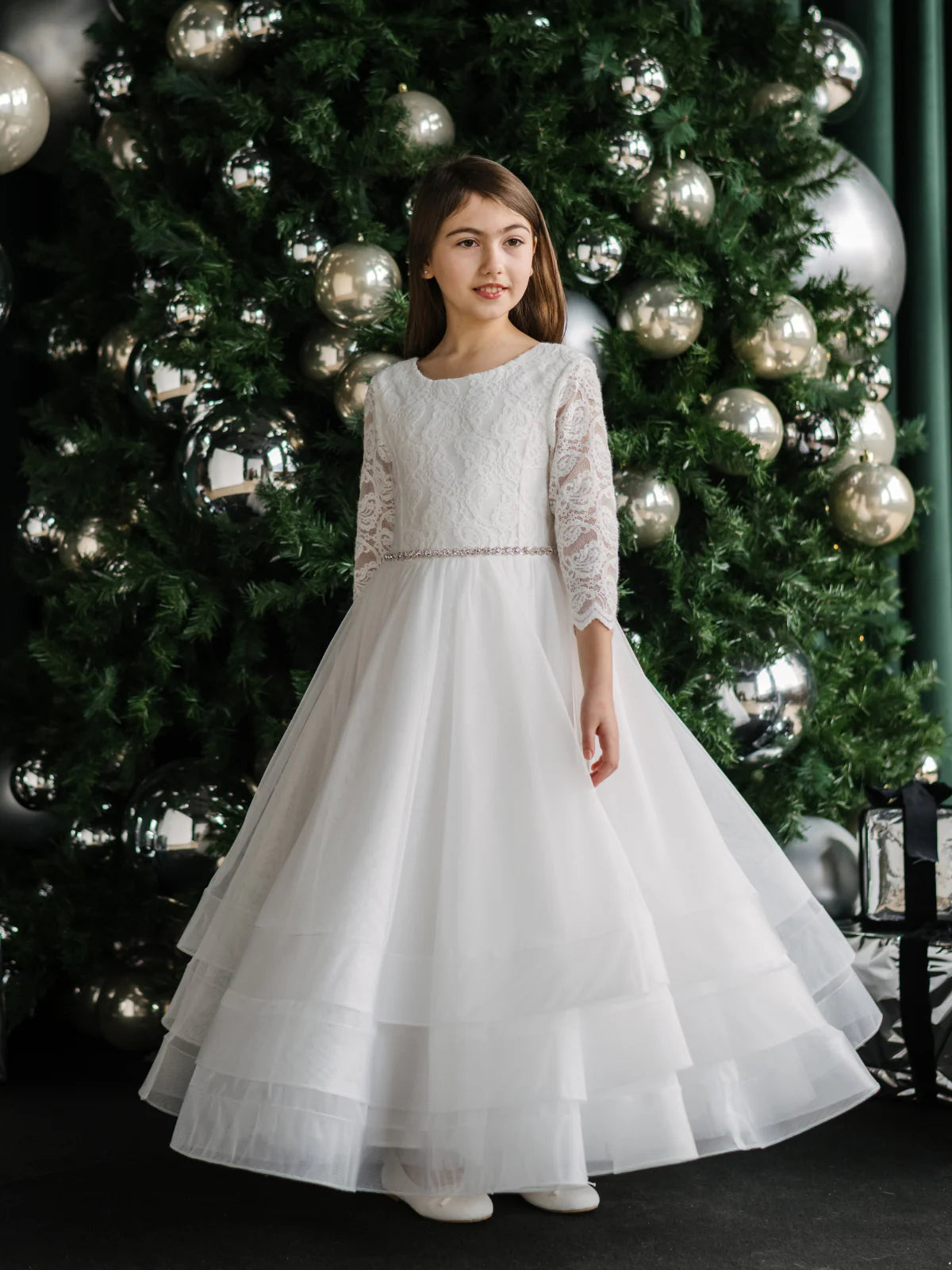 Teter Warm Talula Lace & Tiered Horsehair Communion Dress with 3/4 Sleeves for Girls