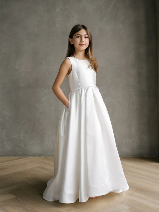 Teter Warm Off-White Satin Pearl Back Communion Dress: Melissa Dress