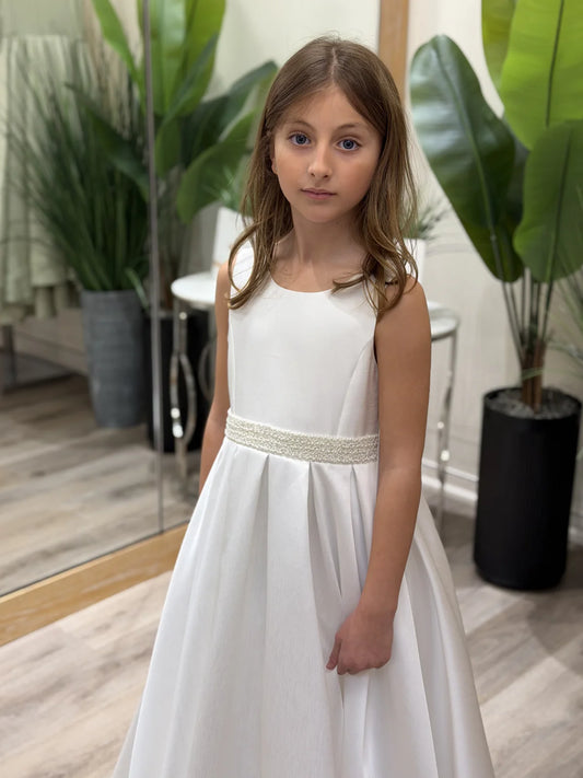Teter Warm Girl's Satin Communion Dress Beaded Waist: Delara Dress