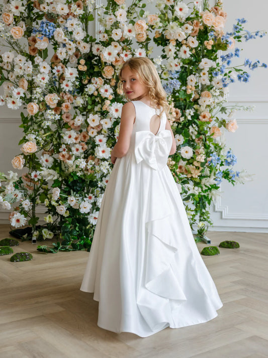 Teter Warm Girls' Communion Off-White Satin Dress with Keyhole Detail & Bow Back: Penelope Dress
