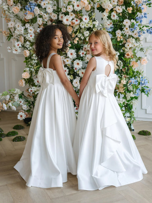 Teter Warm Girls' Communion Off-White Satin Dress with Keyhole Detail & Bow Back: Penelope Dress