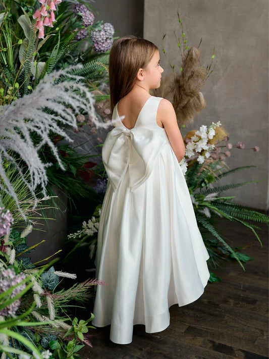 Teter Warm Girl's Off White Satin Flower Girl Dress with Big Bow - Pixie  (Size 2, 3, 4)