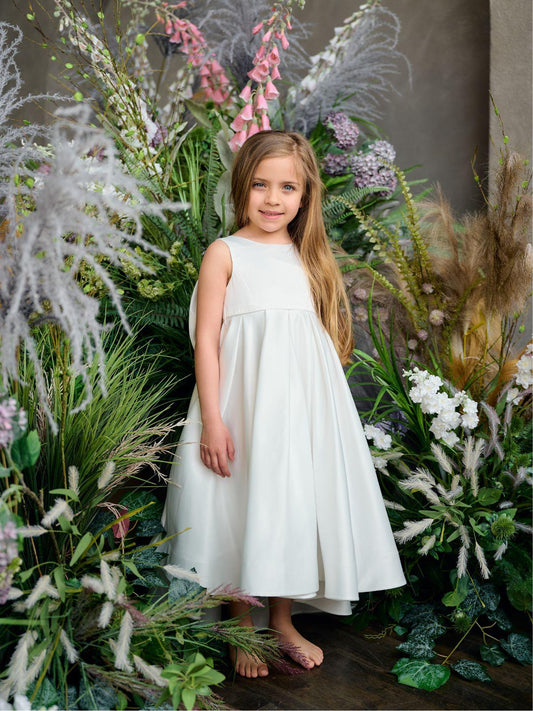 Teter Warm Girl's Off White Satin Flower Girl Dress with Big Bow - Pixie  (Size 2, 3, 4)