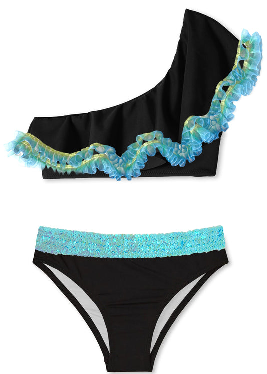 Black One Shoulder Bikini with Aqua Sequin Belt