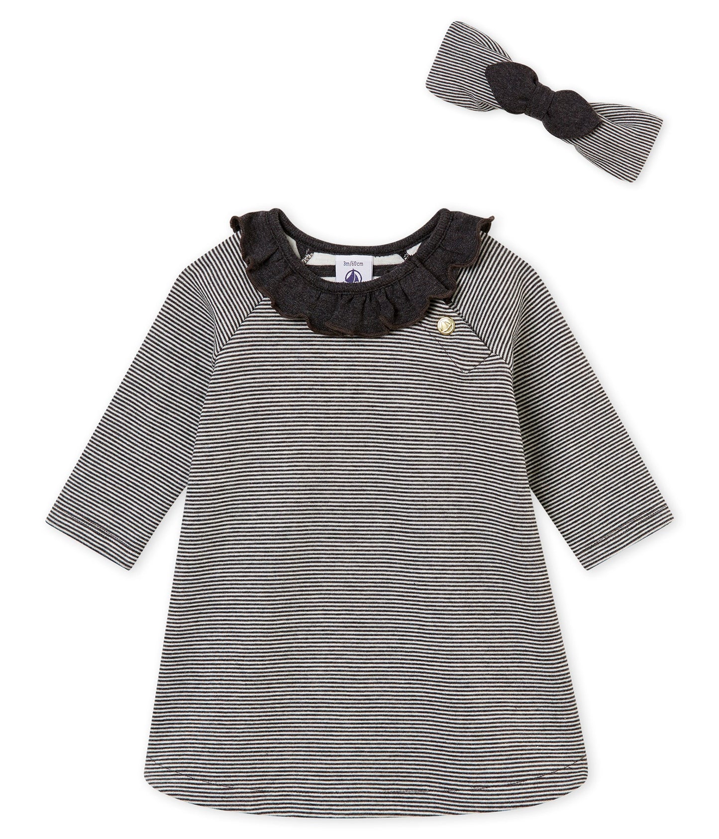 Petit Bateau Baby Girl 2 PC Set Long Sleeve Striped Dress and Headband (6m, 12m)