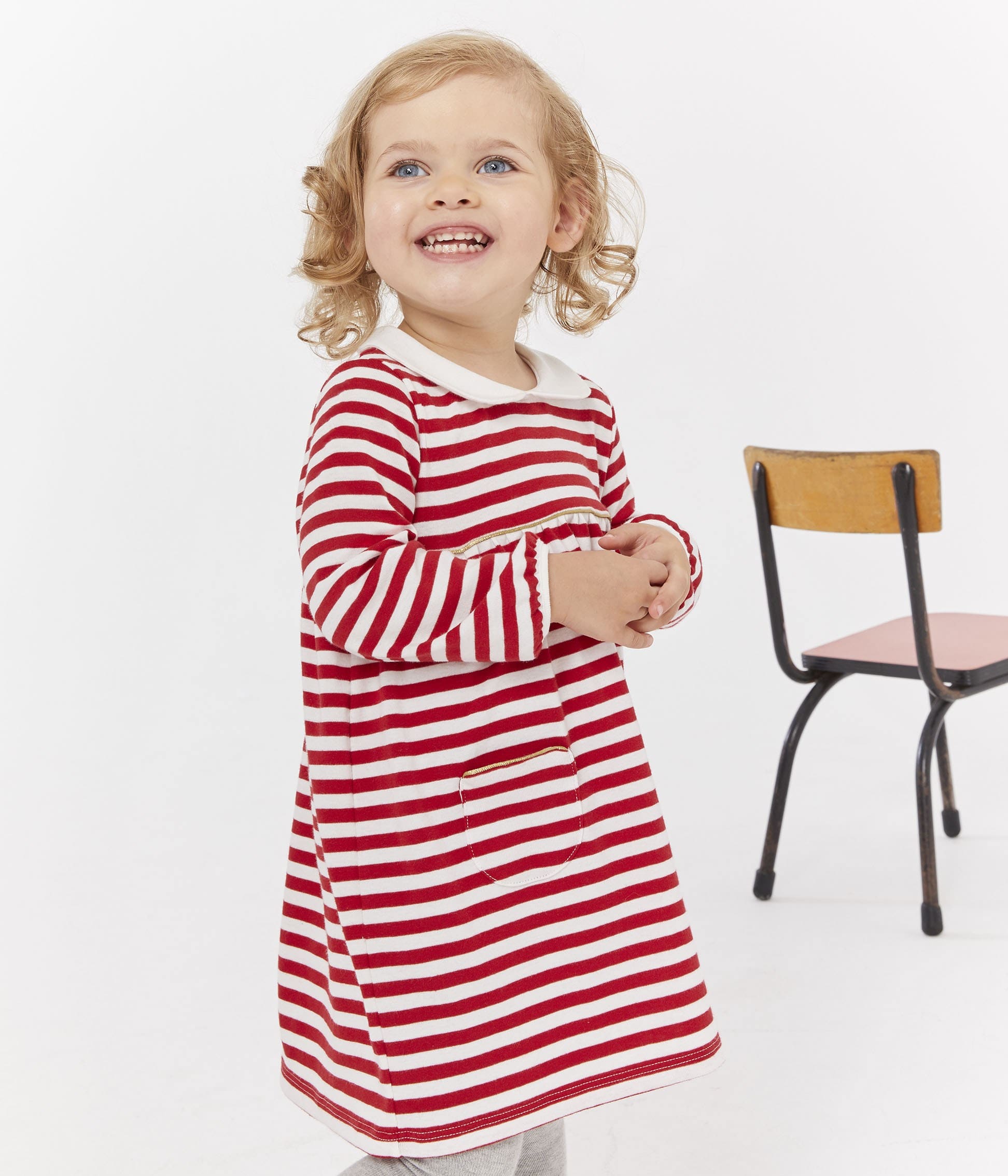 Petit Bateau BABY GIRL'S STRIPED DRESS WITH COLLAR