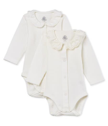 Petit Bateau Baby Girl Long-Sleeved Bodysuit with Collar - Set of 2