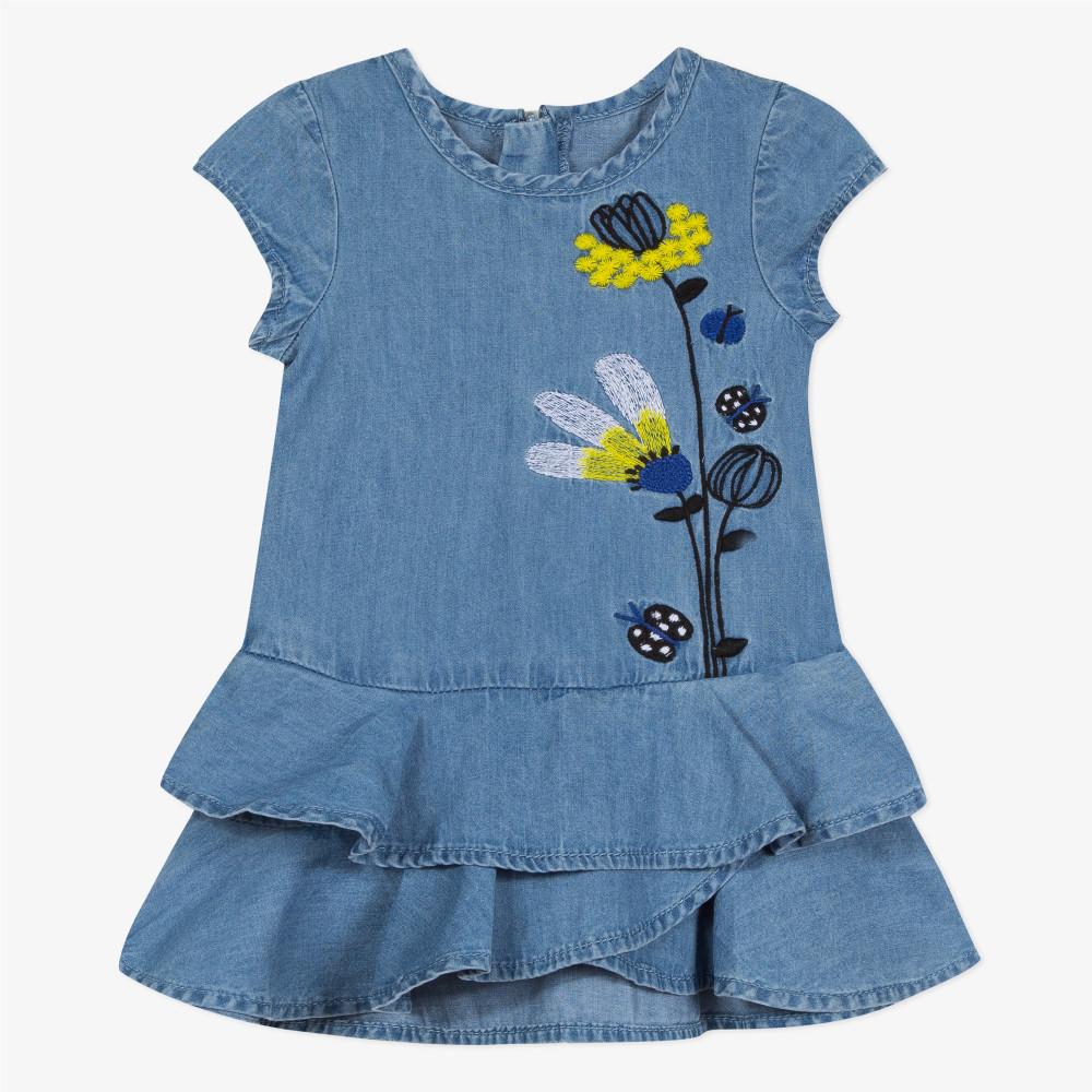 Catimini Baby Girl Light Denim Dress with Embroidered Mimosas (6m, 3T)