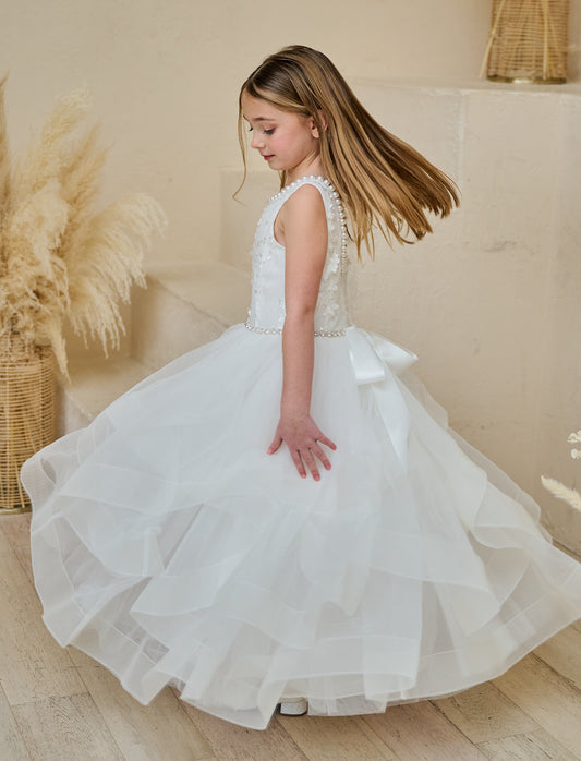 Girls Communion Dresses  White Tiered Ruffled Ball Flower Girl