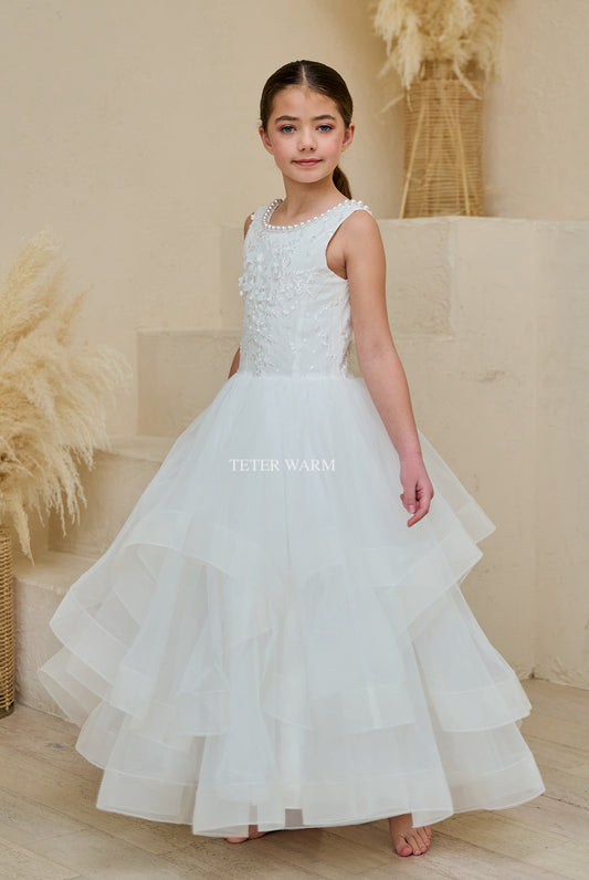 Teter Warm Pearl Neckline Sleeveless Communion Dress with 3D Floral (Size 8, 10)