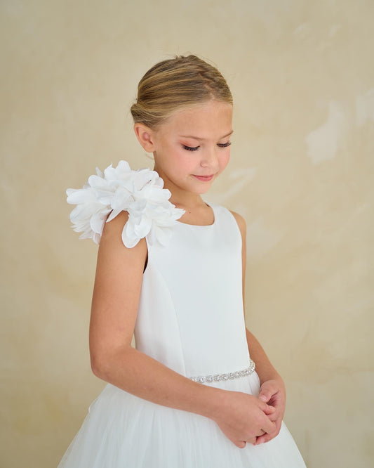Teter Warm Sleeveless Communion Dress with 3D Embroidered Shoulder Flowers (Size 8, 10, 12)
