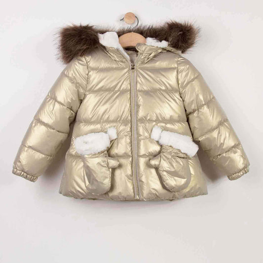 Catimini Matte Golden Puffa Jacket with Faux Fur Hood & Matching Mitten (Size 3)