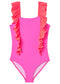 neon pink and red side ruffle bathing suit