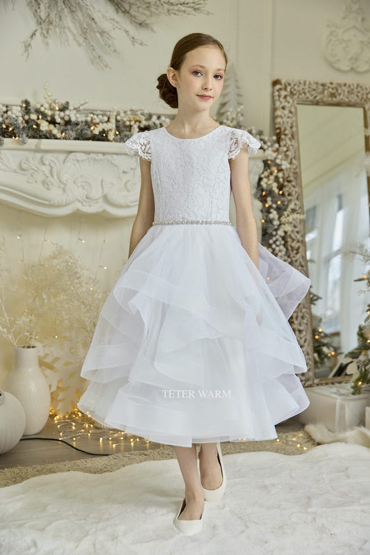 Teter Warm White Tea Length Lace Communion Dress (Size 12)