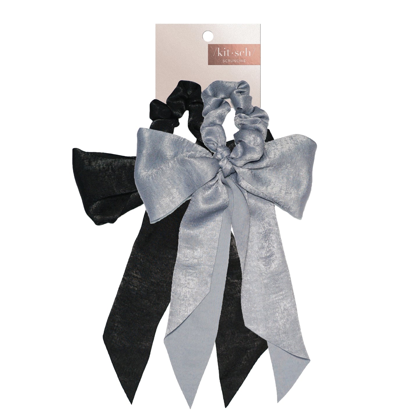Satin Bow Scarf Scrunchies - Black/Gray