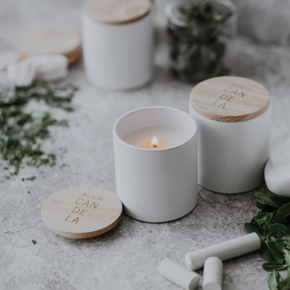 The MUNIO Peppermint Candle in White Ceramic Votive