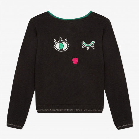 Catimini Girl's Black Embroidered Cardigan with Cat (Size 4, 14)