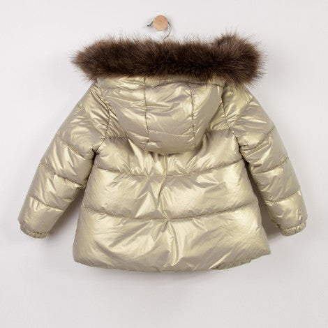 Catimini Matte Golden Puffa Jacket with Faux Fur Hood & Matching Mitten (Size 3)