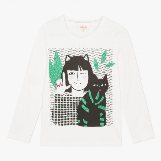 Catimini Girl's T-shirt with Glitter Cat Design (Size 2, 4, 8)