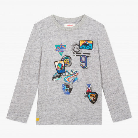 Catimini Boy Grey Mottled T-shirt with Badges and Emblems (Size 3)